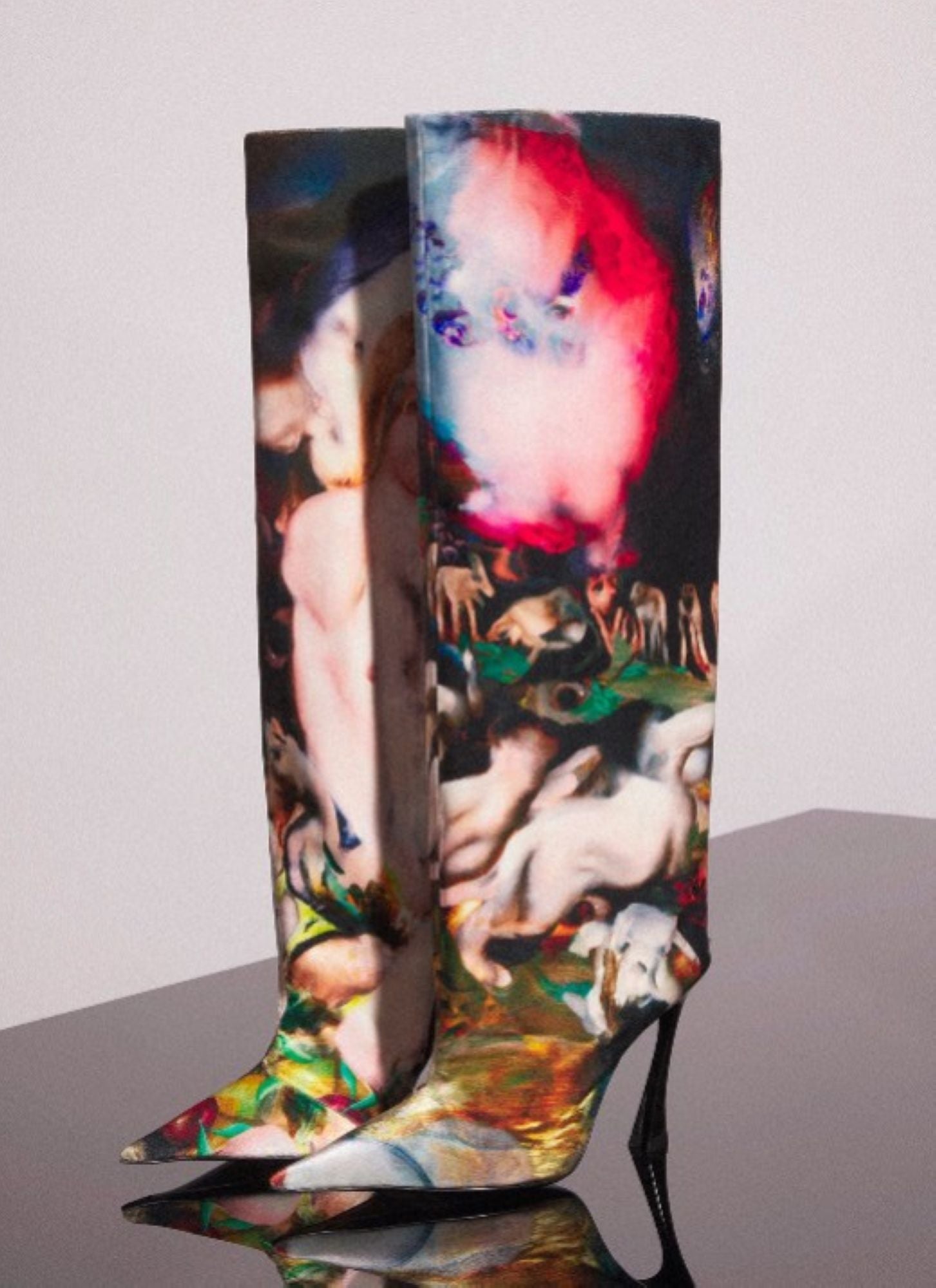 MUGLER X AMBERA WELLMANN PRINTED VELVET FANG 95 KNEE HIGH BOOTS