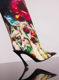 MUGLER X AMBERA WELLMANN PRINTED VELVET FANG 95 KNEE HIGH BOOTS