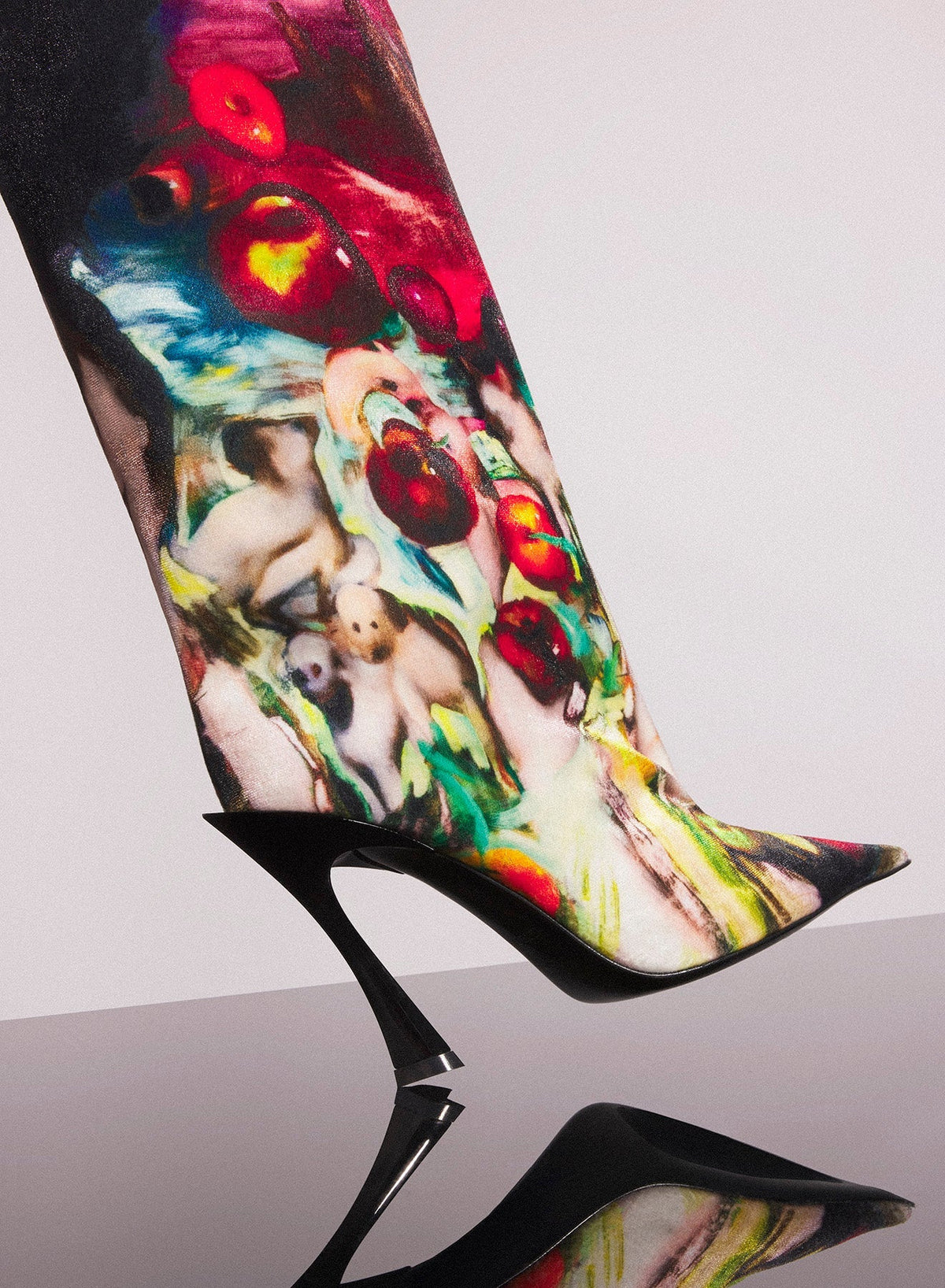 PRINT MULTICOLOR SHOES 3 // Mugler x Ambera Wellmann printed velvet fang 95 knee high boots