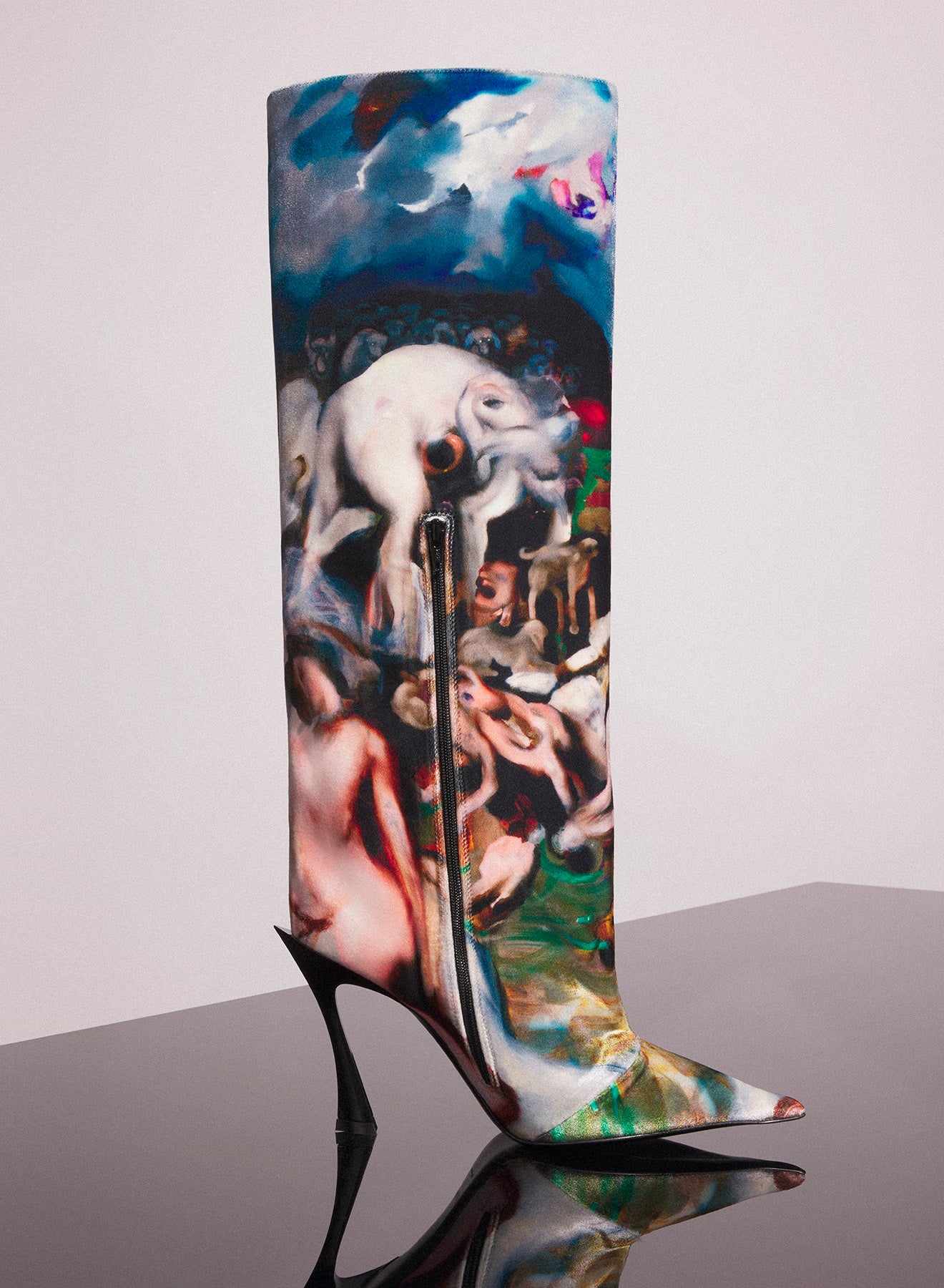 MUGLER X AMBERA WELLMANN PRINTED VELVET FANG 95 KNEE HIGH BOOTS
