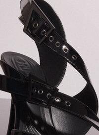 BLACK LEATHER BUCKLED FANG 95 MULES