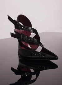 BLACK EMBOSSED CROCODILE BUCKLED FANG 95 MULES