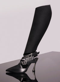 BLACK LEATHER BUCKLED FANG 95 KNEE HIGH BOOTS