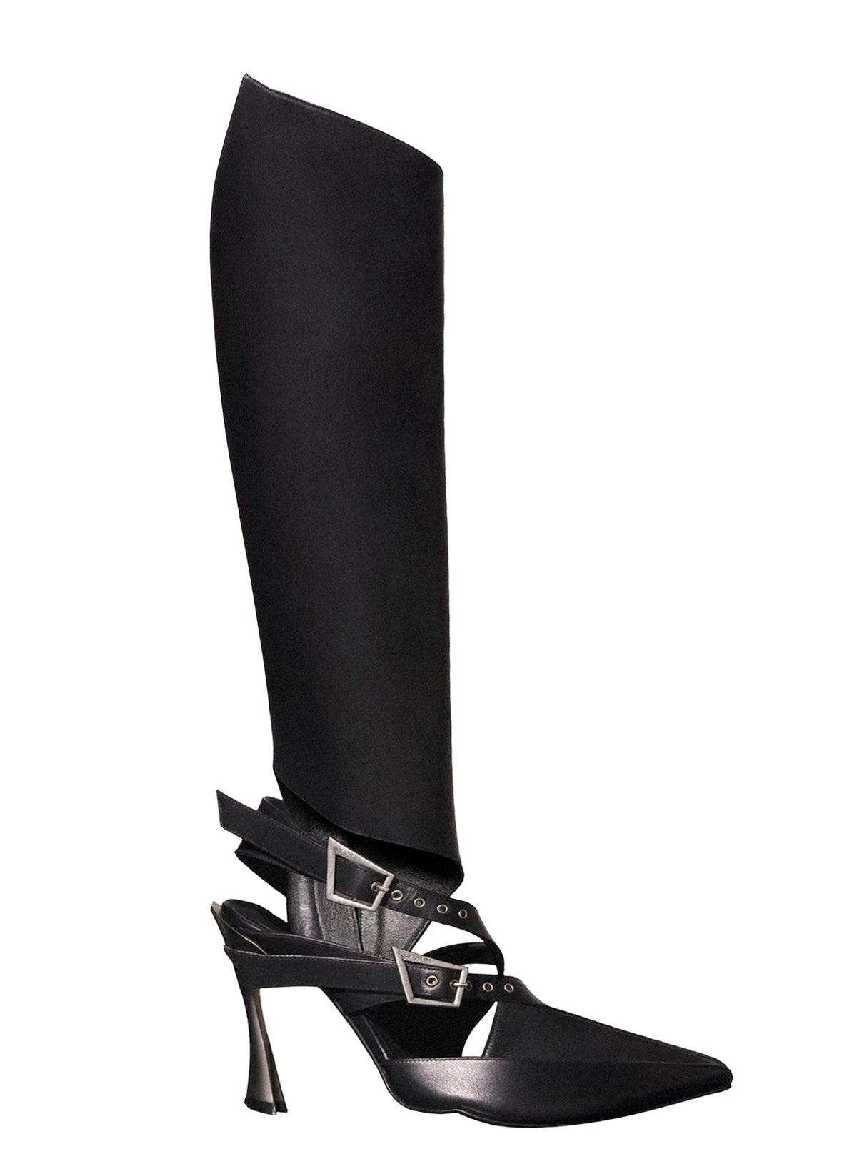 BLACK // black leather buckled fang 95 knee high boots