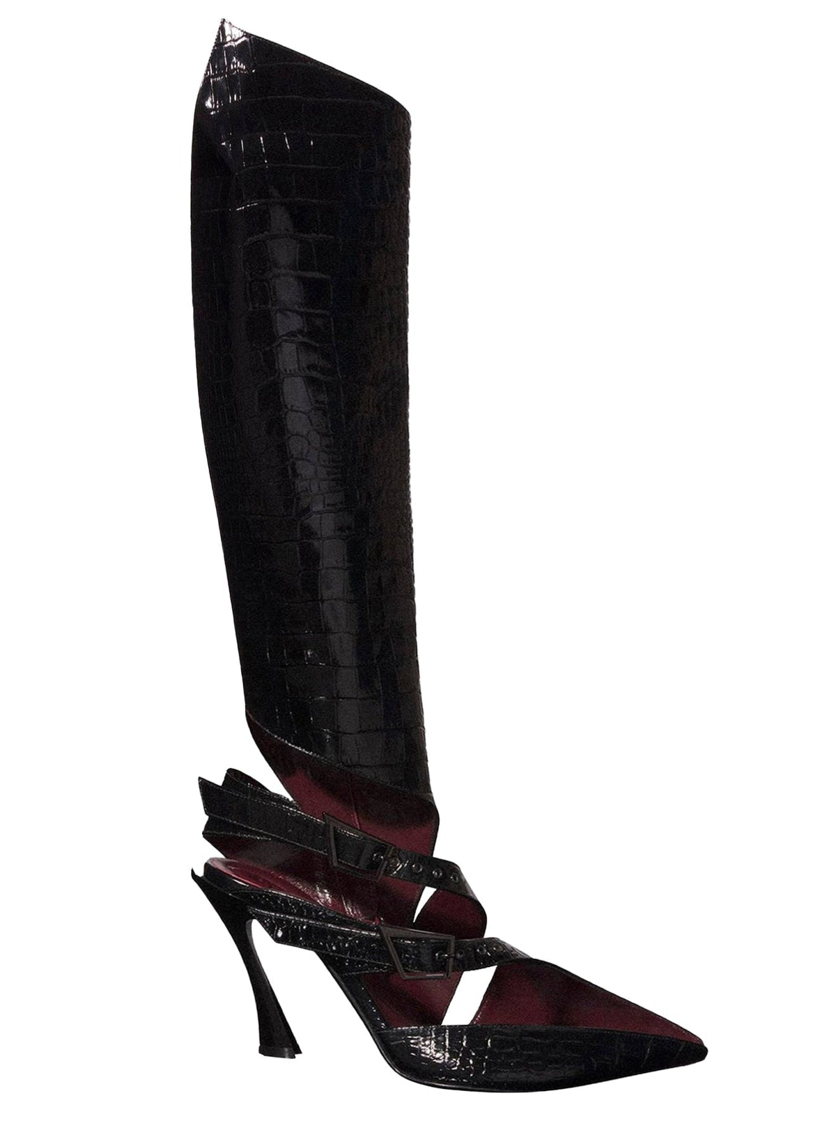 BLACK // black embossed crocodile buckled fang 95 knee high boots