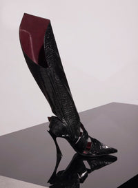 BLACK EMBOSSED CROCODILE BUCKLED FANG 95 KNEE HIGH BOOTS
