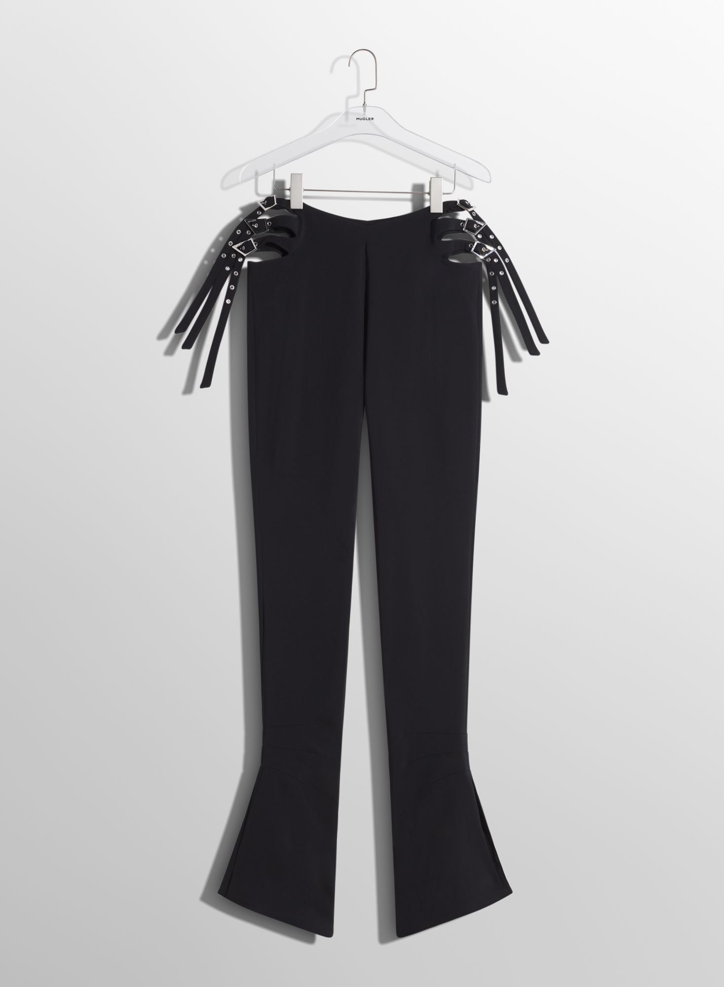 BLACK BUCKLED FLARE TROUSERS
