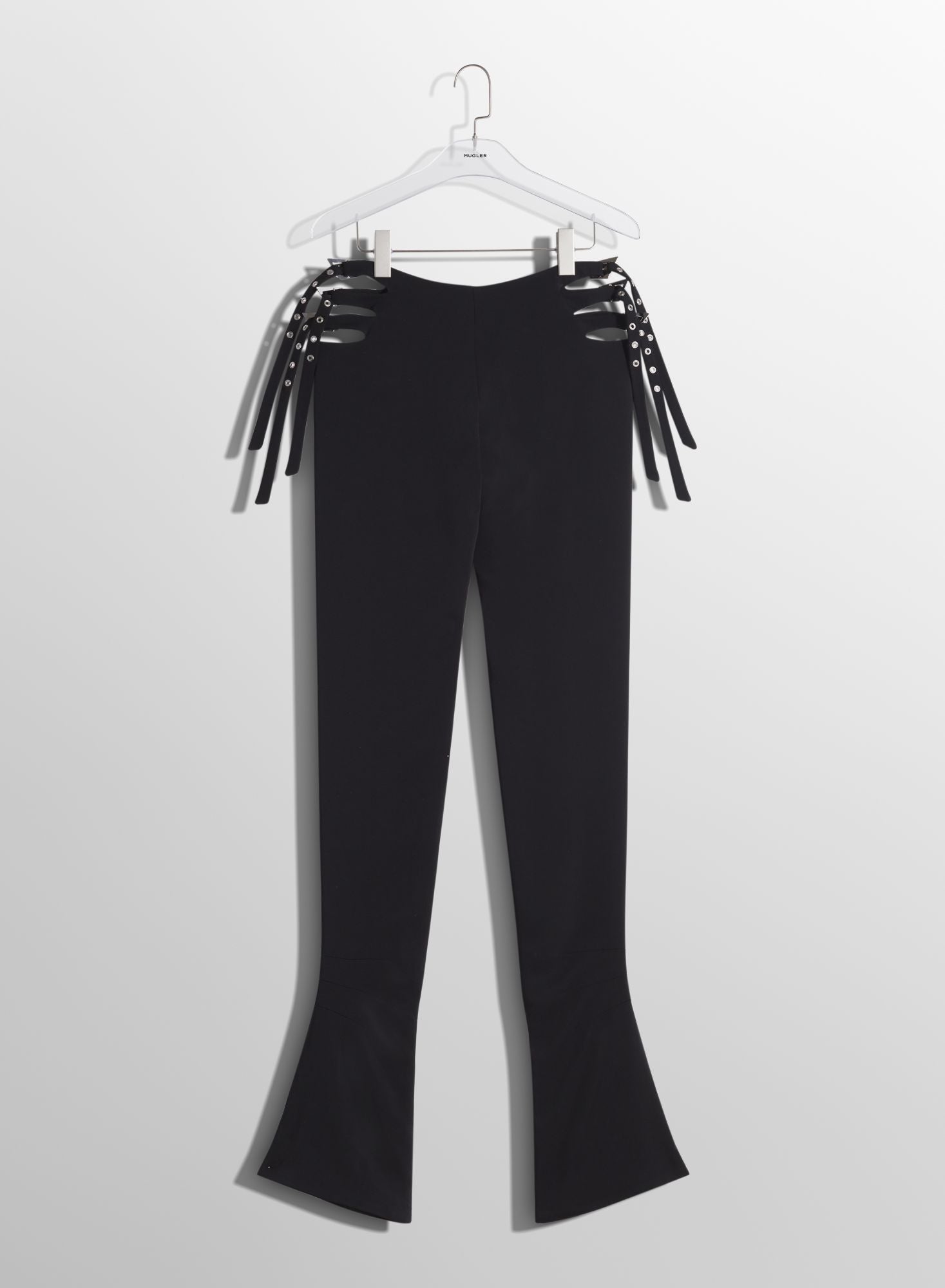 BLACK BUCKLED FLARE TROUSERS