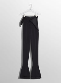BLACK SATIN CUMMERBUND FLARE WOOL TROUSERS
