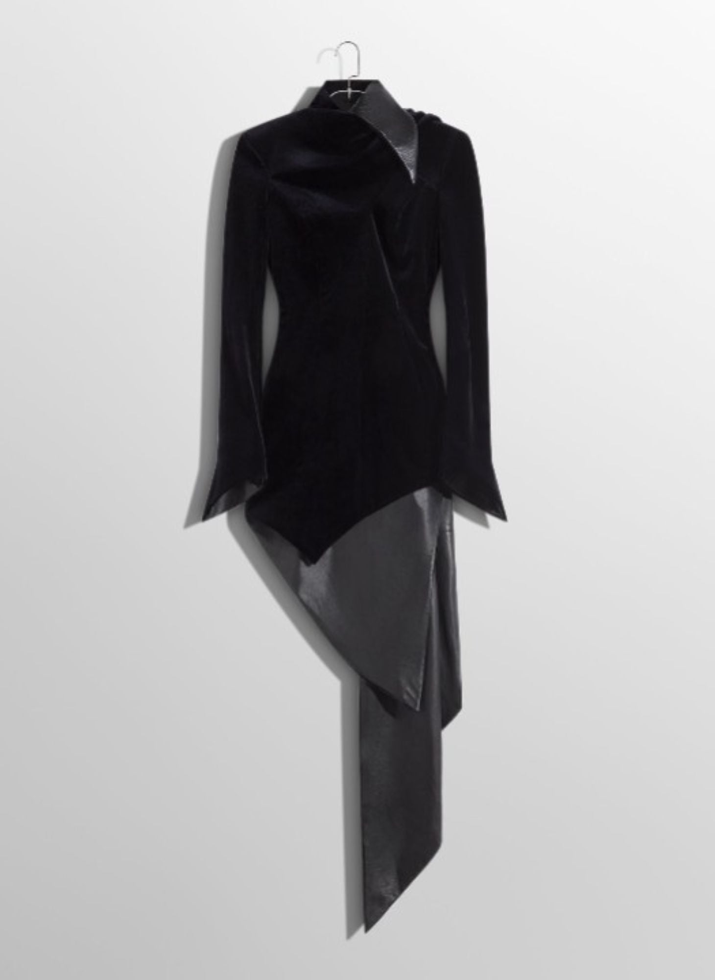BLACK ASYMMETRICAL VELVET DRESS WITH LEATHER COLLAR