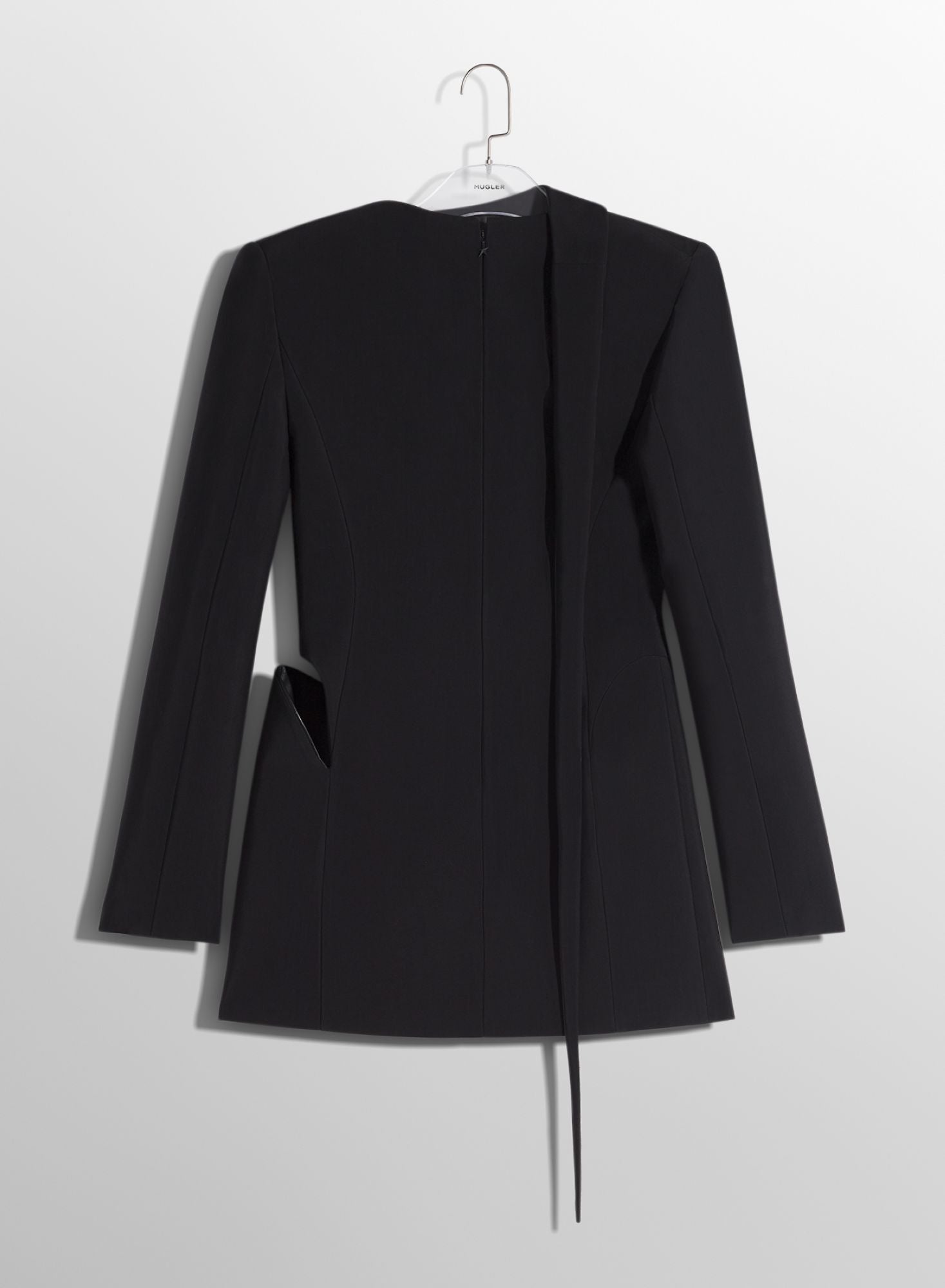 BLACK CUT-OUT TAILORED DRESS WITH LEATHER LAPEL