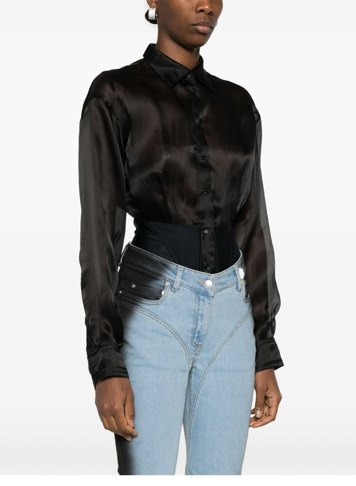BLACK // black organza shirt bodysuit
