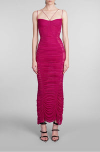 MAGENTA BACKLESS RUCHED MESH GOWN