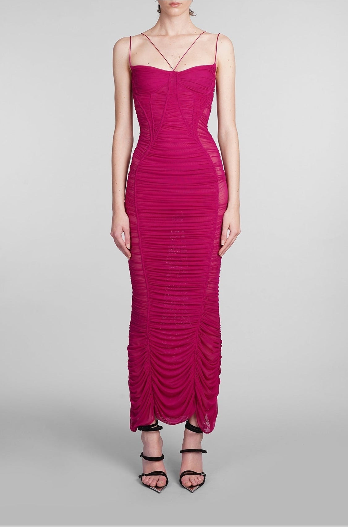 MAGENTA BACKLESS RUCHED MESH GOWN
