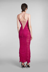 MAGENTA BACKLESS RUCHED MESH GOWN
