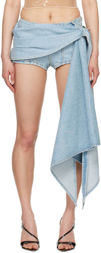 BLUE DRAPED SPIRAL DENIM RHINESTONE SHORTS