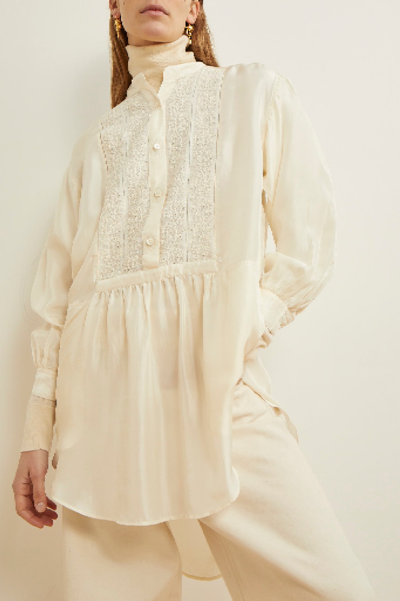 Blouse Plantation coupe longue en soie - Off White