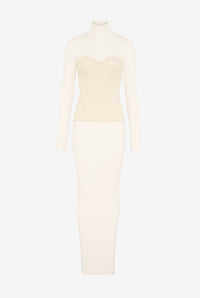 Bicolor Stretch Merino Wool Ribbed High Neck Long Dress With Corset Yoke - White & Ecru