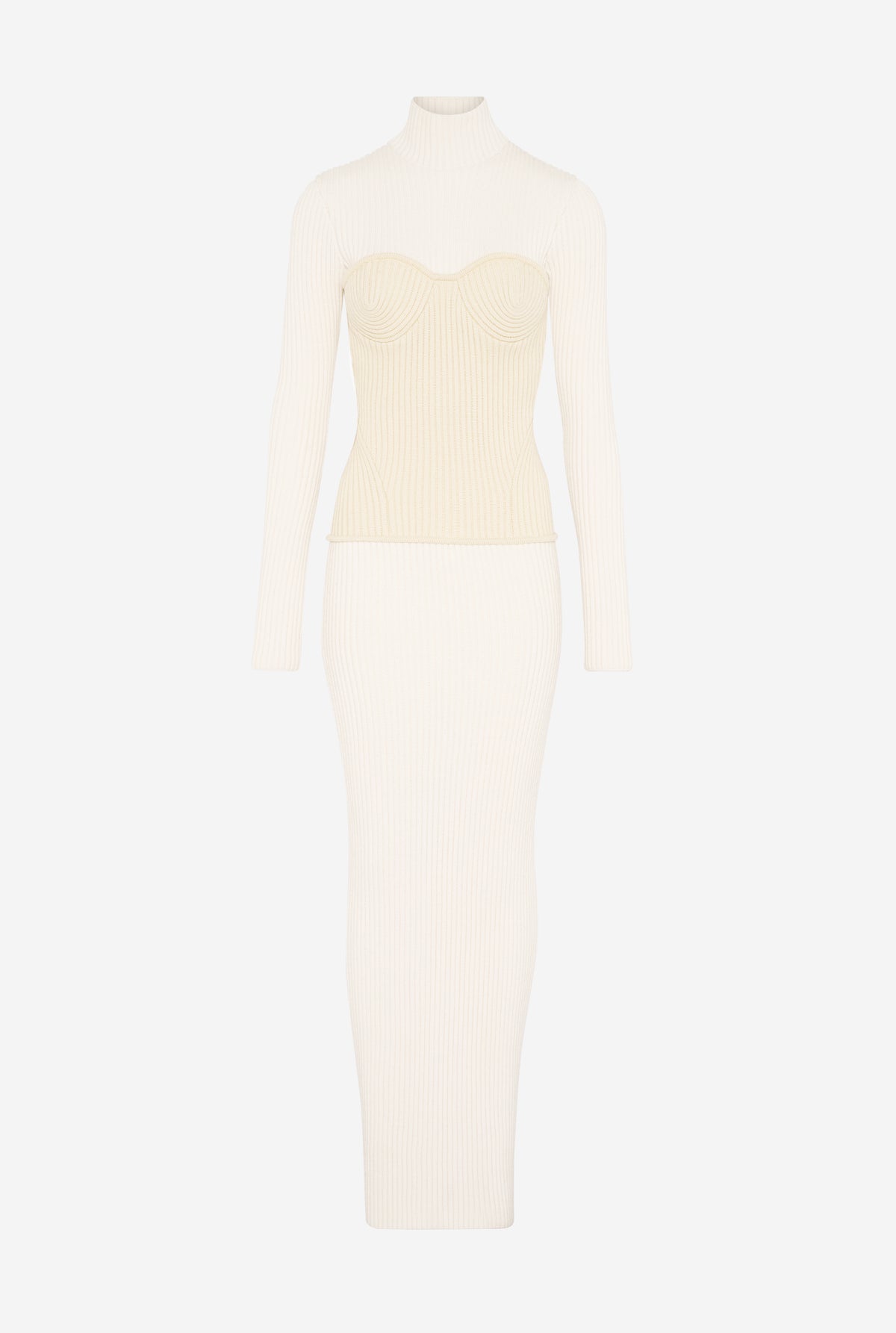 Bicolor Stretch Merino Wool Ribbed High Neck Long Dress With Corset Yoke - White & Ecru