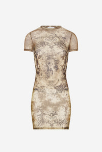 Mesh Short Dress Printed "Médaillon" - Lightbeige & Taupe