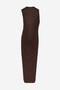 Stretch Viscose Double Layer Drapped Long Dress - Brown