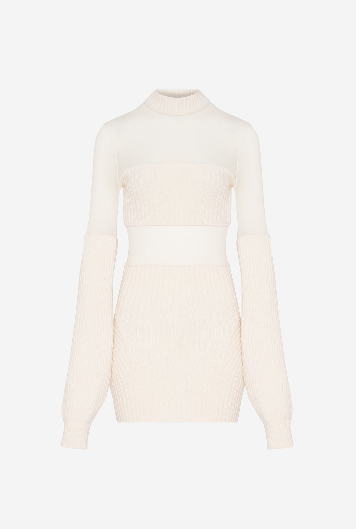 Lambswool Ribbed Long Sleeves Short Dress With Mesh Cut Out Details - Ecru