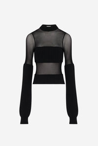 Lambswool Ribbed Long Sleeves Sweater With Mesh Cut Out Details - Black