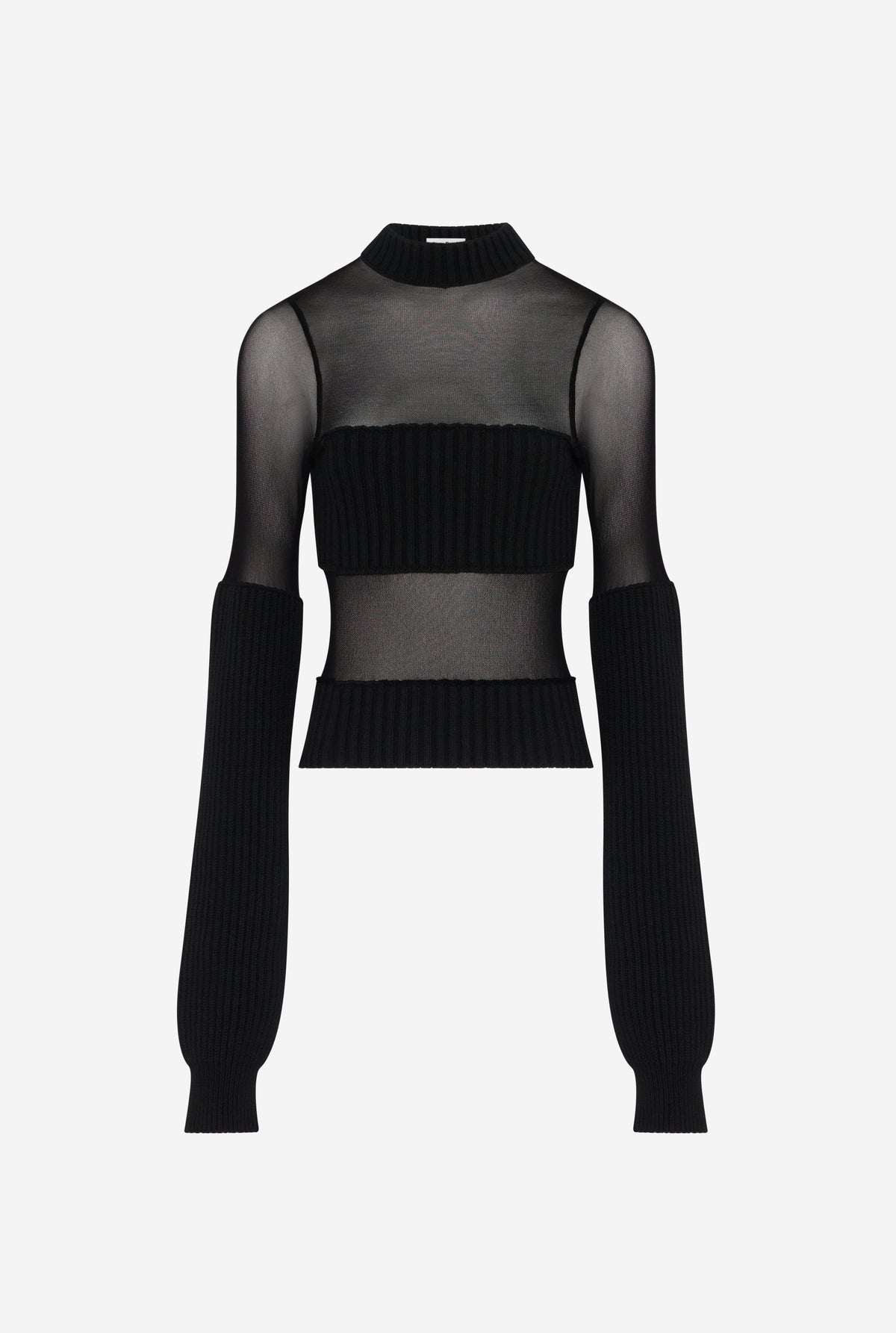 Lambswool Ribbed Long Sleeves Sweater With Mesh Cut Out Details - Black