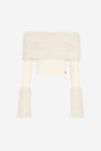 Mix Viscose Ribbed And Hairy Details Sweater - Ecru