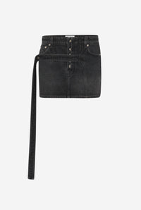 Low Waisted Denim Mini Skirt With Strap Detail On The Front - Vintageblack