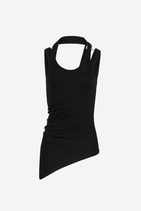 Cotton Ribbed Twisted Double Layer Tank Top With "Gaultier" Piercing - Black