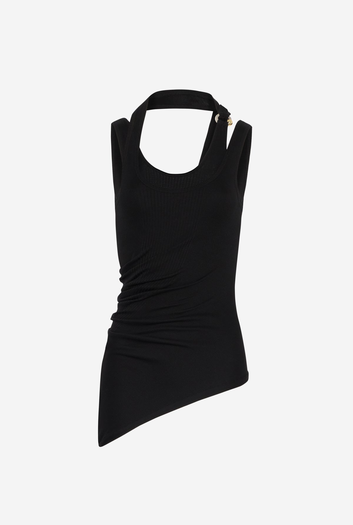 Cotton Ribbed Twisted Double Layer Tank Top With "Gaultier" Piercing - Black