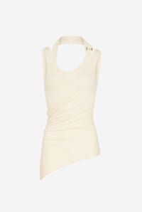 Cotton Ribbed Twisted Double Layer Tank Top With "Gaultier" Piercing - Ecru