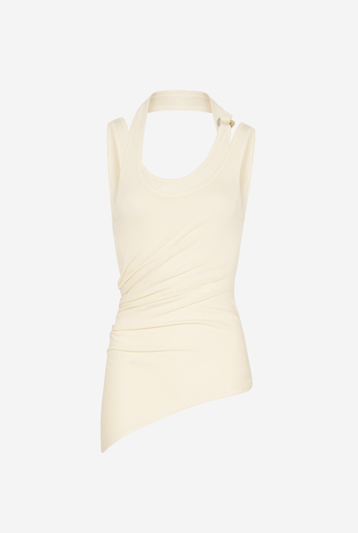 Cotton Ribbed Twisted Double Layer Tank Top With "Gaultier" Piercing - Ecru