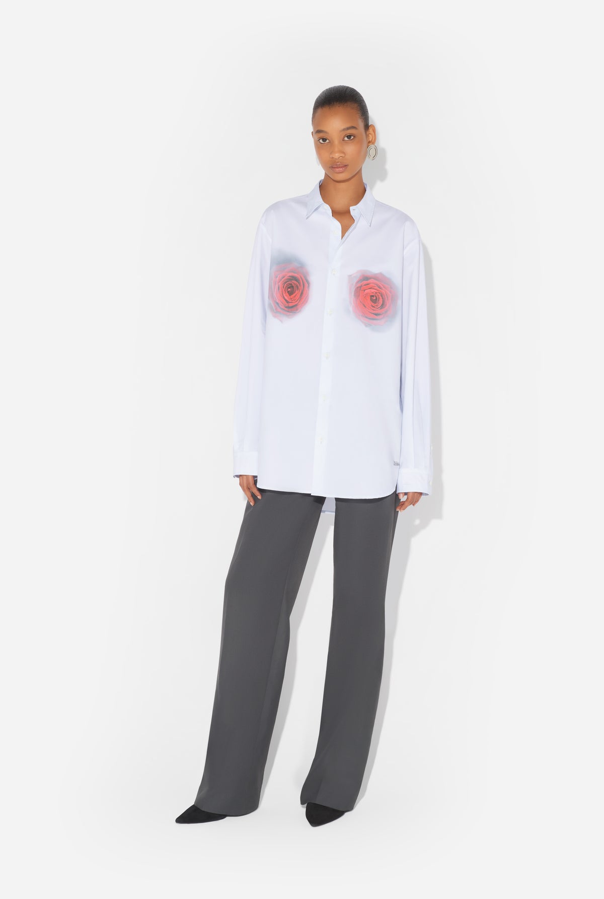 Unisex Shirt Printed "Blurry Roses" - White & Grey & Red