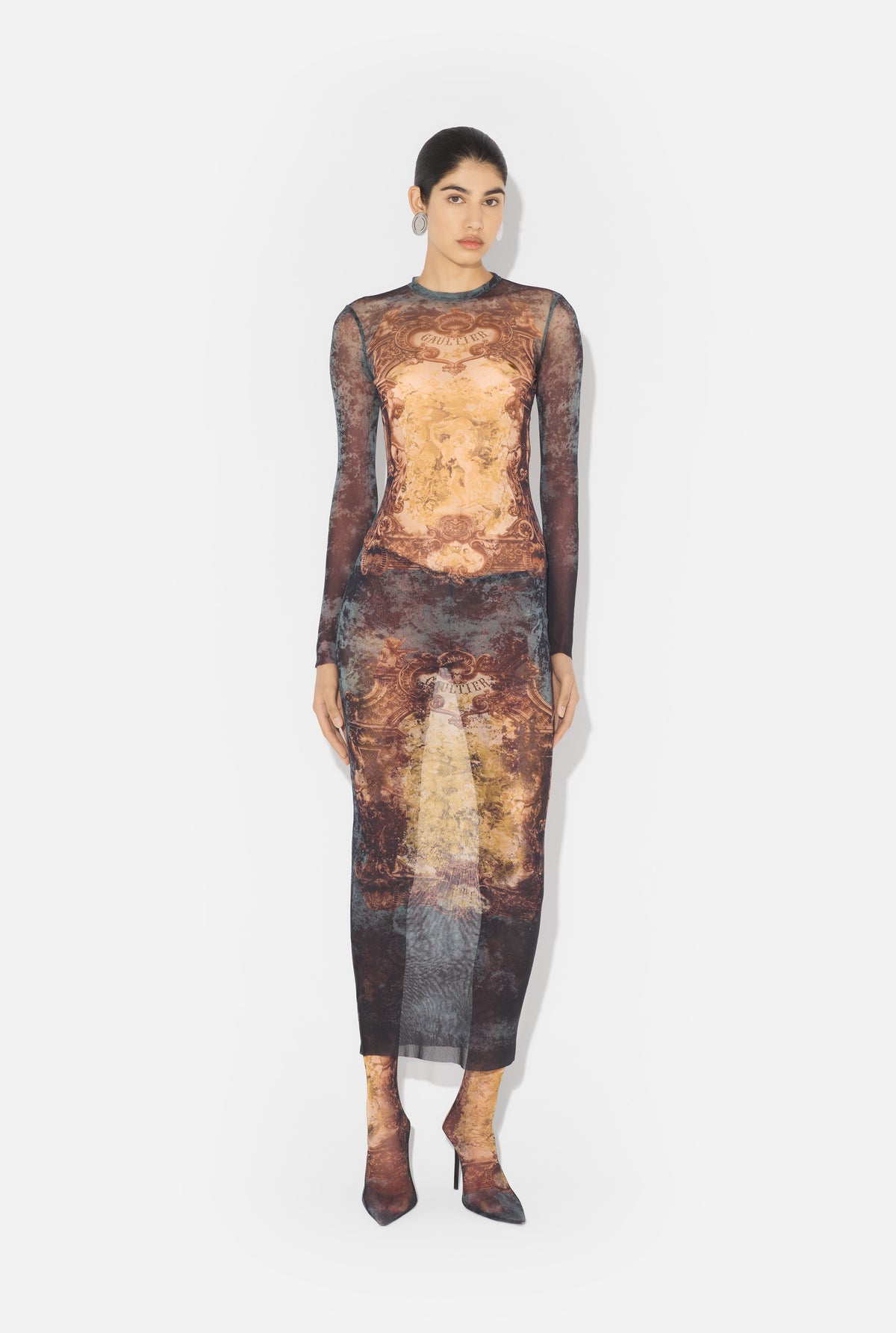 Mesh Long Dress Printed "Médaillon" - Black & Vintageblue & Green