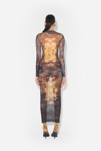 Mesh Long Dress Printed "Médaillon" - Black & Vintageblue & Green