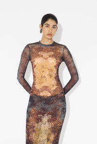 Mesh Long Dress Printed "Médaillon" - Black & Vintageblue & Green