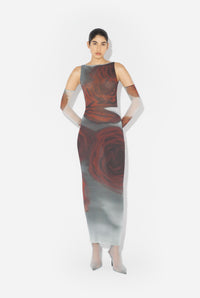 La Robe Longue Blurry Roses Rouge - White & Grey & Red