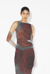 La Robe Longue Blurry Roses Rouge - White & Grey & Red
