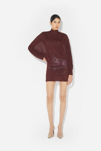 Mesh Short Dress With Bat Sleeves Embroidered "Gaultier Jacquard Label" - Burgundy