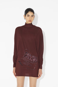 Mesh Short Dress With Bat Sleeves Embroidered "Gaultier Jacquard Label" - Burgundy