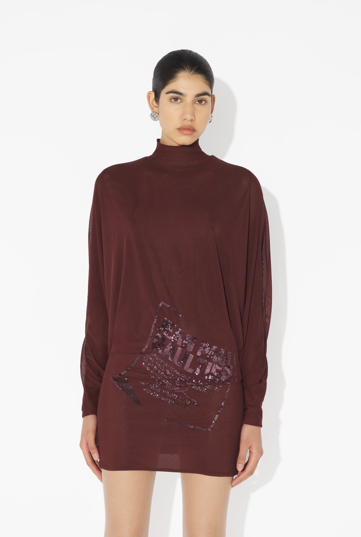 Mesh Short Dress With Bat Sleeves Embroidered "Gaultier Jacquard Label" - Burgundy