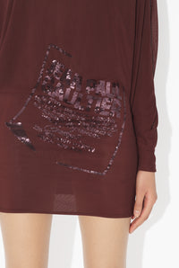 Mesh Short Dress With Bat Sleeves Embroidered "Gaultier Jacquard Label" - Burgundy