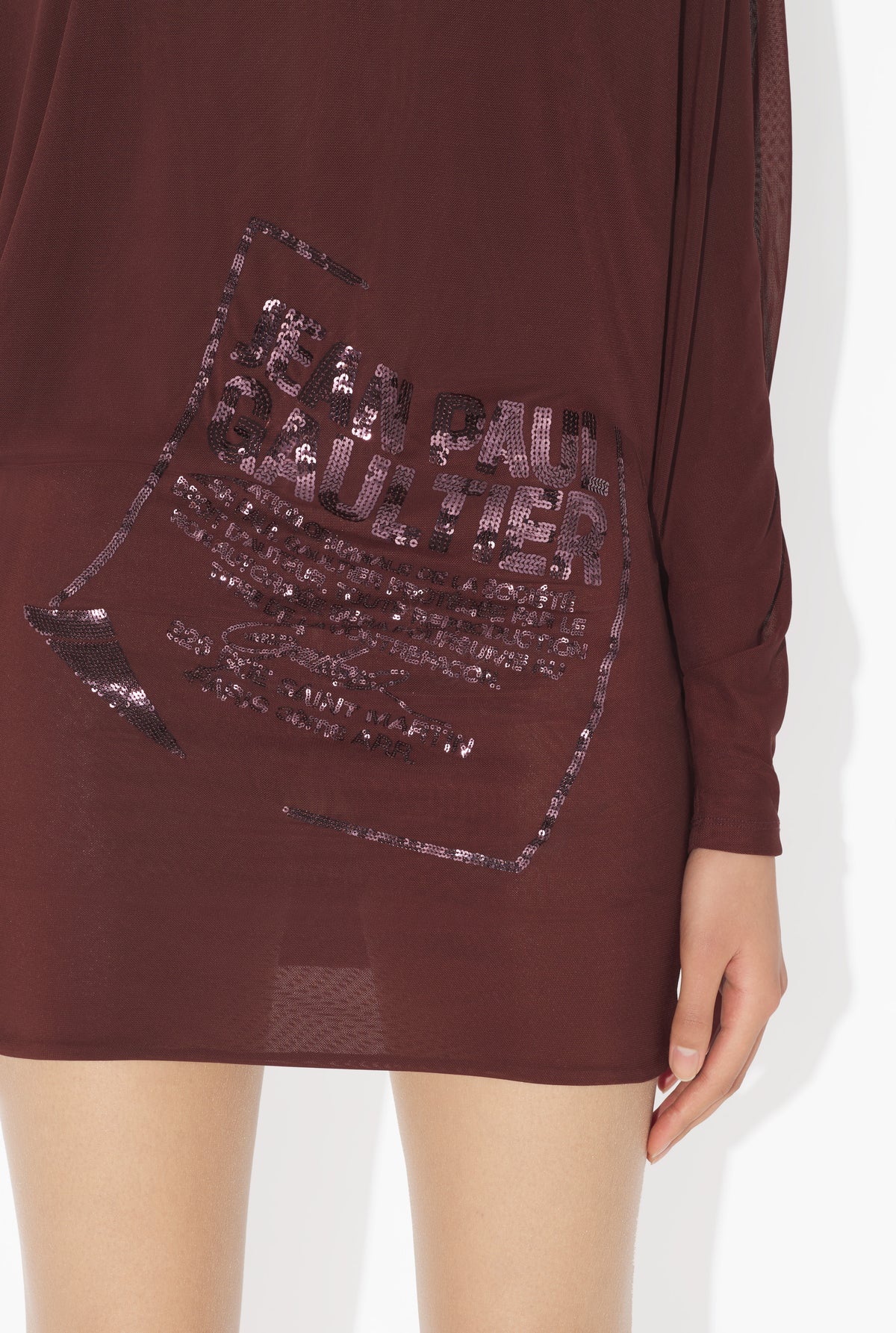 Mesh Short Dress With Bat Sleeves Embroidered "Gaultier Jacquard Label" - Burgundy