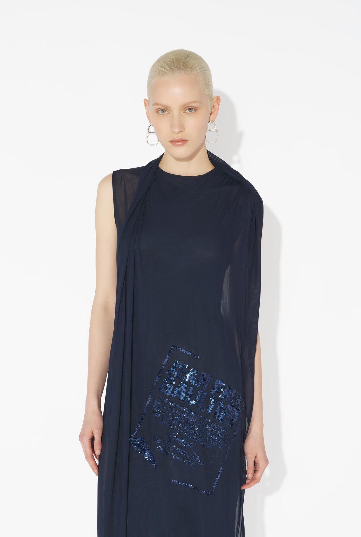 Mesh Long Dress Embroidered "Gaultier Jacquard Label" - Navy