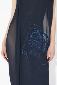 Mesh Long Dress Embroidered "Gaultier Jacquard Label" - Navy