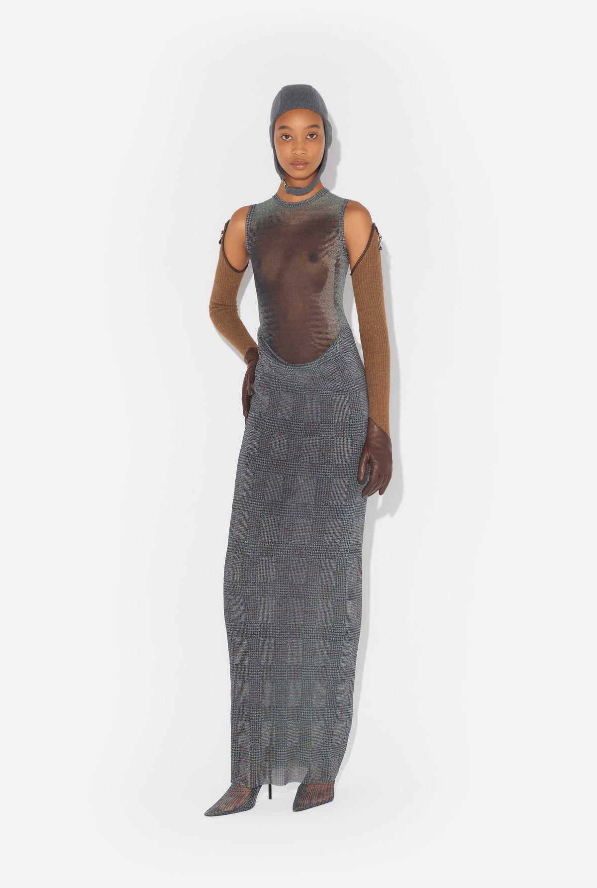 Mesh Long Dress Double Layer Printed "Body Shadow" And "Prince Of Wales" - Lightgrey & Vanilla & Red