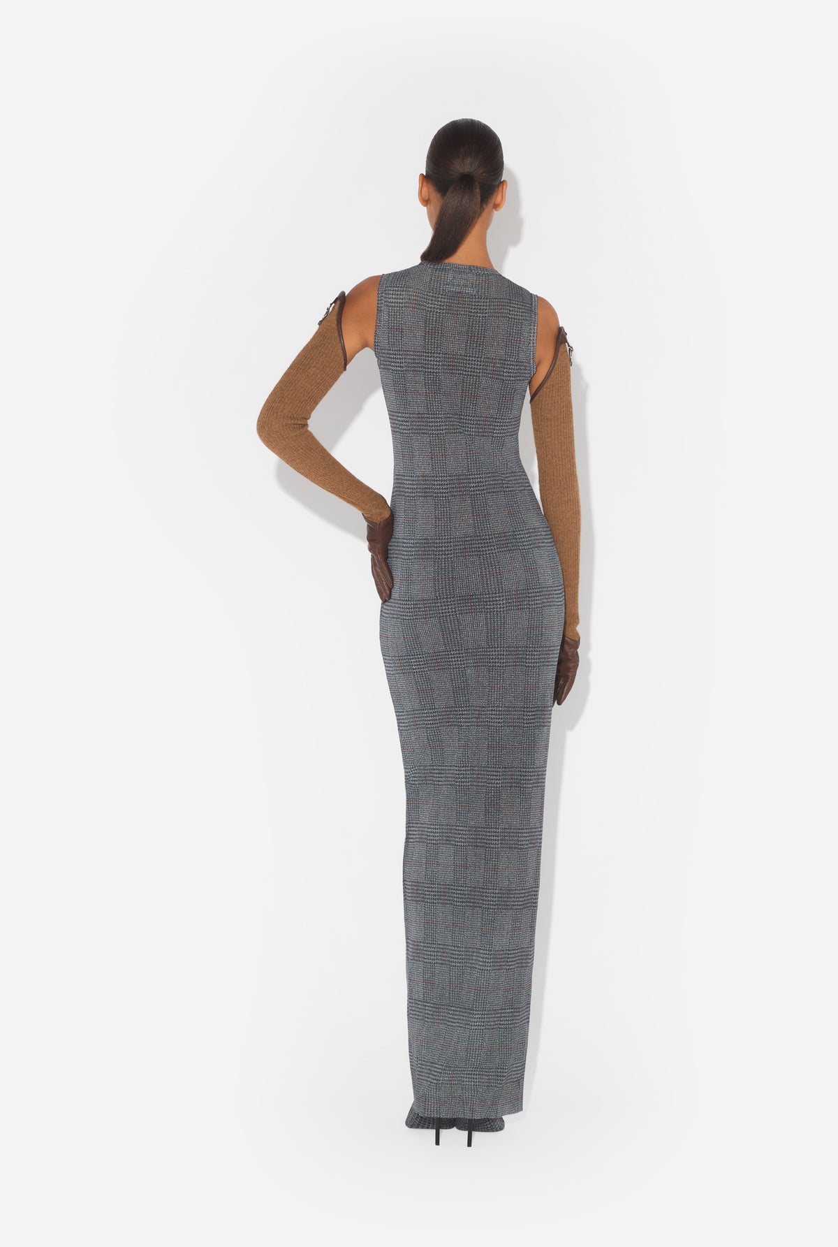 Mesh Long Dress Double Layer Printed "Body Shadow" And "Prince Of Wales" - Lightgrey & Vanilla & Red