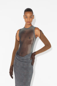 Mesh Long Dress Double Layer Printed "Body Shadow" And "Prince Of Wales" - Lightgrey & Vanilla & Red